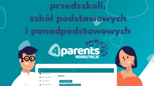 dwójka rodziców, napis "nowoczesne rekrutacje do żłobków, przedszkoli, szkół podstawowych i ponadpodstawowych". Na środku obrazka monitor z prezentacją zakładki raporty Elektroniczne nabory do przedszkoli i szkół